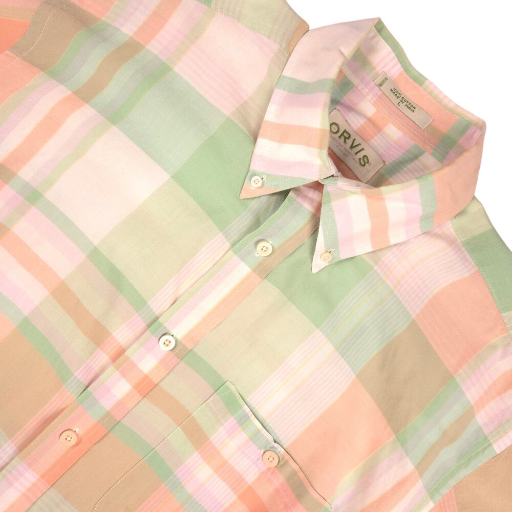 Orvis Shirt Mens Large Plaid Short Sleeve Button Up Cotton Pastel Casual